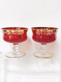 (2) Vintage Italian Gilt Ruby Glass Dessert Cups
