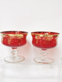 (2) Vintage Italian Gilt Ruby Glass Dessert Cups