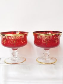 (2) Vintage Italian Gilt Ruby Glass Dessert Cups