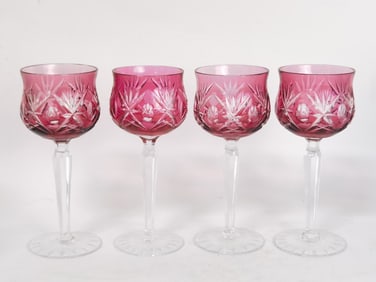 (4) Vintage Bohemian Ruby Cut-to-Clear Wine Glasses