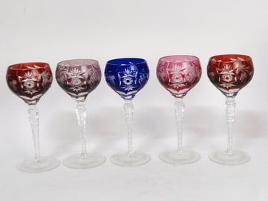 (5) Vintage Bohemian Cut-to-Clear Wine Glasses