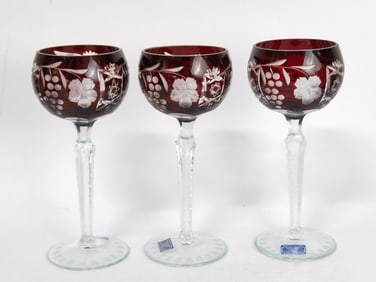 (3) Vintage Godinger Bohemian Ruby Cut-to-Clear Wine Glasses