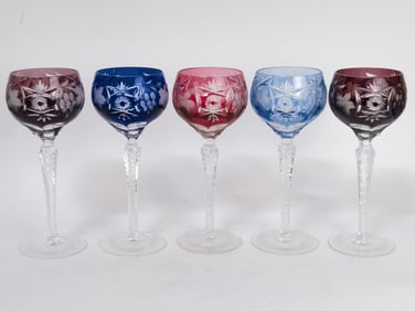 (5) Vintage Bohemian Cut-to-Clear Wine Glasses