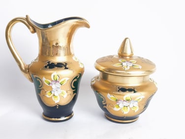 (2) Vintage Murano Italy Gilt Floral Glass Wares