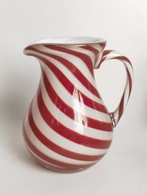 Vintage Red/White Stripe Art Glass Pitcher