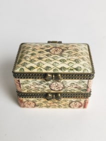 Antique Japanese Carved Bone Inlay Double Trinket Box