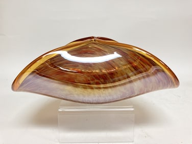 White Cristal Murano Italy Amber Folded Bowl