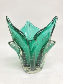 Vintage Murano Italy Emerald Controlled Bubble Glas Vase
