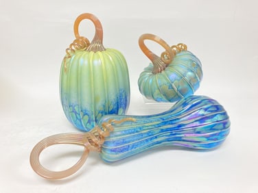 (3) Jack Pine Blue/Green Iridescent Glass Pumpkins