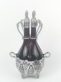 Antique Cranberry Glass Silver Plated Decanter Set