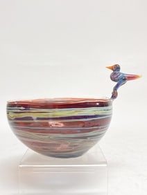 Vintage Swirl Amethyst Glass Bowl with Bird Decor