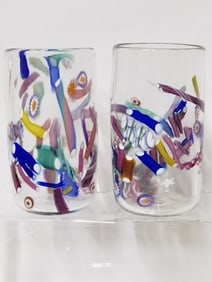 (2) Signed Millefiori Confetti Art Glass Tumblers