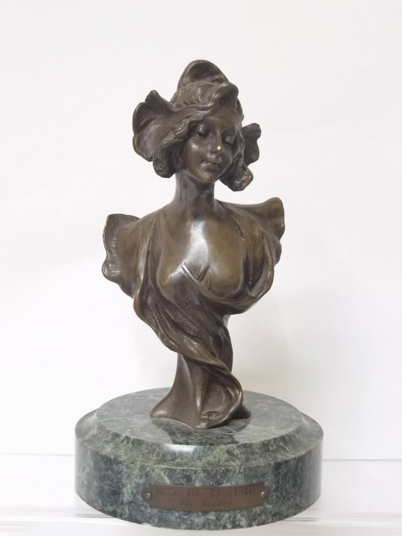 Rue de Plaisir by Jacobz Bronze Maiden Bust on Mar: Rue de Plaisir by Jacobz Bronze Maiden Bust on Marble, 7in