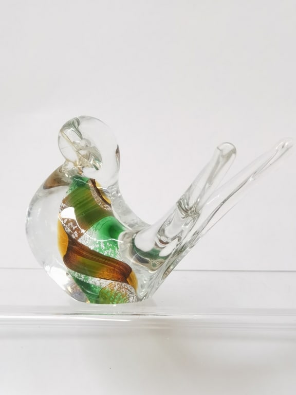 Vintage Murano Italy Green/Brown Swirl Glass Bird: Vintage Murano Italy Green/Brown Swirl Glass Bird, 5in by 3in