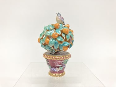Vintage Enameled Rhinestone Fruit Tree Trinket Box