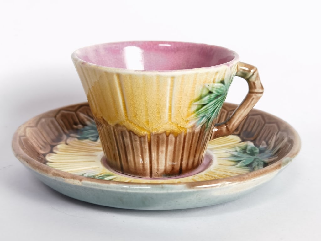 Antique Etruscan Majolica Bamboo Cup Set: Antique Etruscan Majolica Bamboo Cup Set, 2.5in by 6.25in
