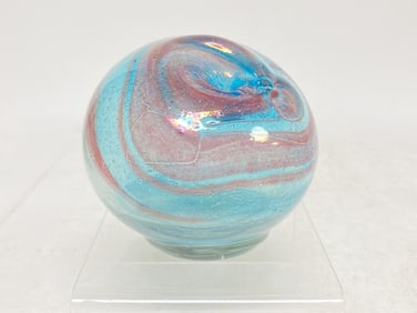 Signed Hand Blown Amethyst/Blue Swirl Glass Vase