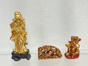 (3) Qing Chinese Gilt Wood Carved Figurines
