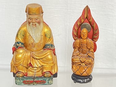 (2) Qing Chinese Gilt Wood Carved Deities