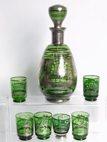 19th C. Czech Sterling Silver Overlay Emerald Glas