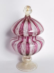 Vintage Murano Italy Pink Latticino Gold Glass Jar