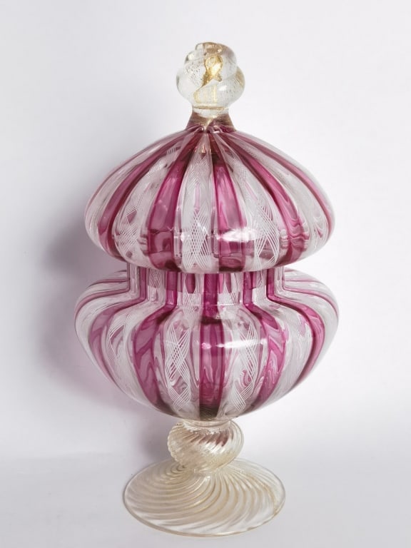 Vintage Murano Italy Pink Latticino Gold Glass Jar: Vintage Murano Italy Pink Latticino Gold Glass Jar, 9in