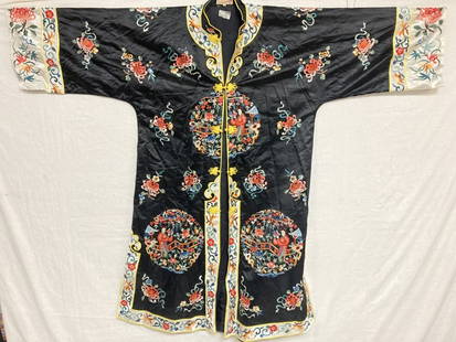 Chinese Embroidered Robe on Black Silk: Chinese Embroidered Robe on Black Silk, 51.25in by 42.5in