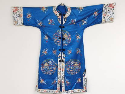 20th C. Chinese Embroidered Robe on Blue Silk: 20th C. Chinese Embroidered Robe on Blue Silk, 50in by 44in
