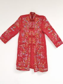 20th C. Chinese Embroidered Robe on Red Silk