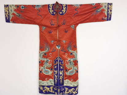 Qing Chinese Gold Thread Embroidered Robe on Red T: Qing Chinese Gold Thread Embroidered Robe on Red Silk with Dragon Motifs, 55in