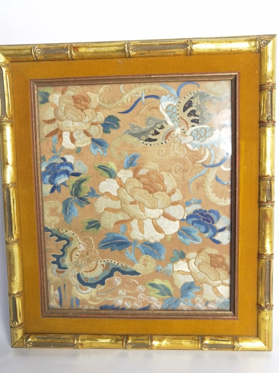 Qing Chinese DaZi Style Floral Butterfly Embroider: Qing Chinese DaZi Style Floral Butterfly Embroidery, 13.5in by 12in