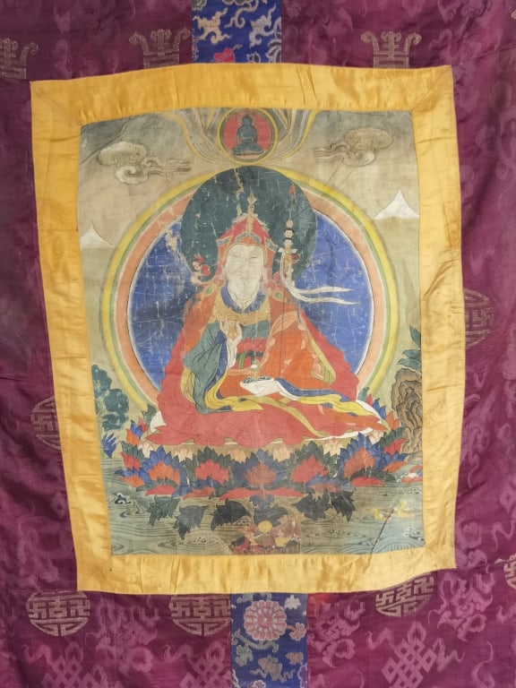19-20th C. Chinese Tibetan Guru Thangka: 19-20th C. Chinese Tibetan Guru Thangka, 42in by 29in