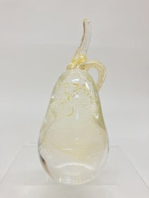 Signed Glitter Clear Glass Pear Paperweight