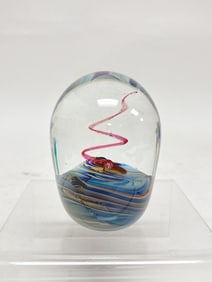 1990 Signed ES Pink Swirl Glass Paperweight