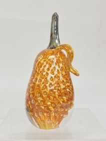 Signed Controlled Bubble Amber Glass Pear Paperwei
