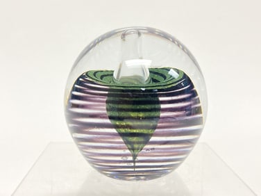 Signed Baron Green/Amethyst Swirl Glass Paperweight