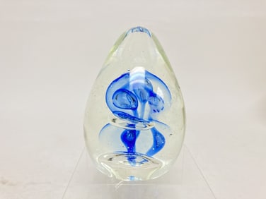 Unmarked Blue Bubbles Glass Egg Paperweight