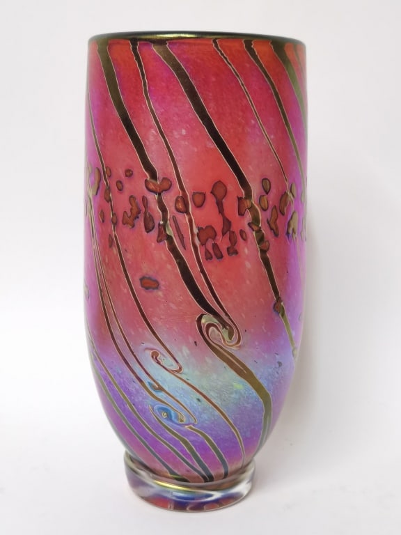 1997 Jim Bush Gradient Striped Art Glass Vase: 1997 Jim Bush Gradient Striped Art Glass Vase, 13.25in