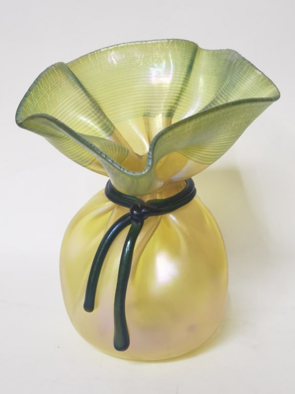 Vintage Orient & Flume Iridescent Green Stripe Gol: Vintage Orient & Flume Iridescent Green Stripe Gold Glass Bag, 8.5in