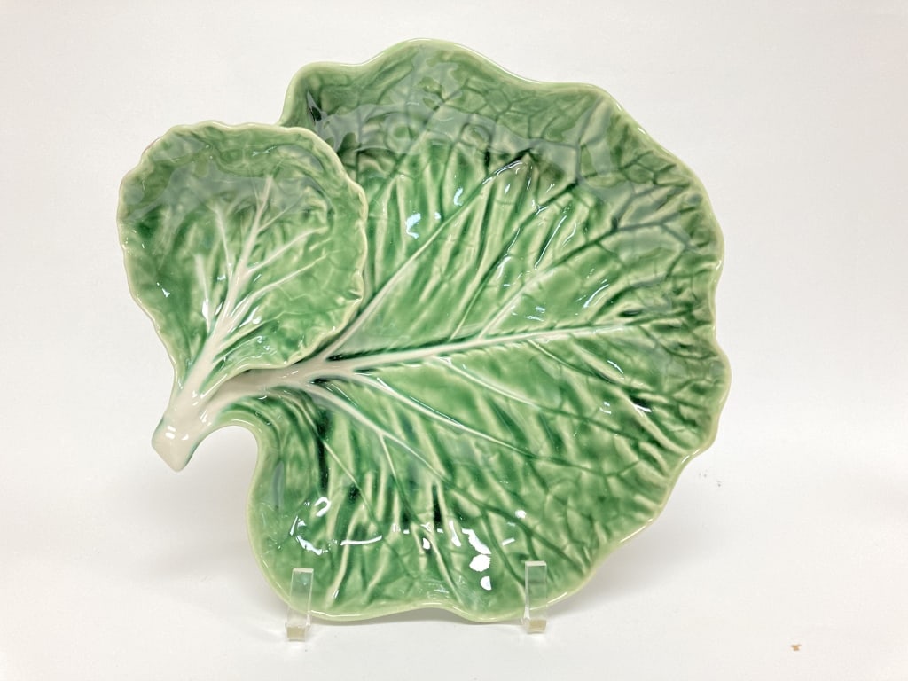 Bordallo Pinheiro Porcelain Green Cabbage Dip Plat: Bordallo Pinheiro Porcelain Green Cabbage Dip Plate, 9 3/8in by 9 1/8in by 2.5in