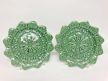 Pr. of Bordallo Pinheiro Porcelain Rabbit Green Ac