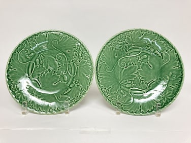 Pr. of Bordallo Pinheiro Porcelain Green Vines Pla