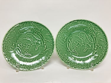 Pr. of Bordallo Pinheiro Porcelain Green Vines Pla