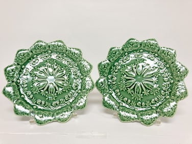 Pr. of Bordallo Pinheiro Porcelain Rabbit Green Ac