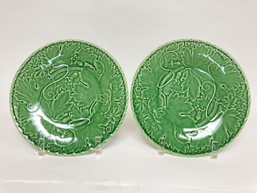 Pr. of Bordallo Pinheiro Porcelain Green Vines Pla