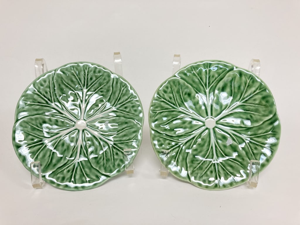 Pr. of Bordallo Pinheiro Porcelain Green Cabbage P: Pr. of Bordallo Pinheiro Porcelain Green Cabbage Plates, 5.5in
