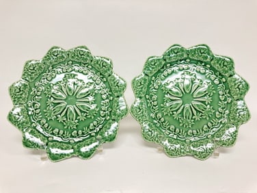 Pr. of Bordallo Pinheiro Porcelain Rabbit Green Ac