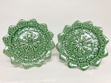 Pr. of Bordallo Pinheiro Porcelain Rabbit Green Ac