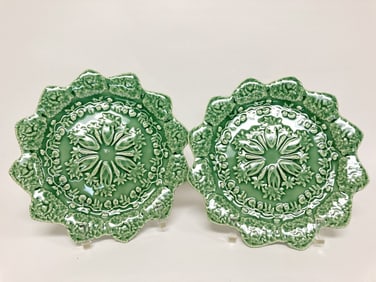 Pr. of Bordallo Pinheiro Porcelain Rabbit Green Ac