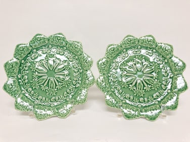 Pr. of Bordallo Pinheiro Porcelain Rabbit Green Ac